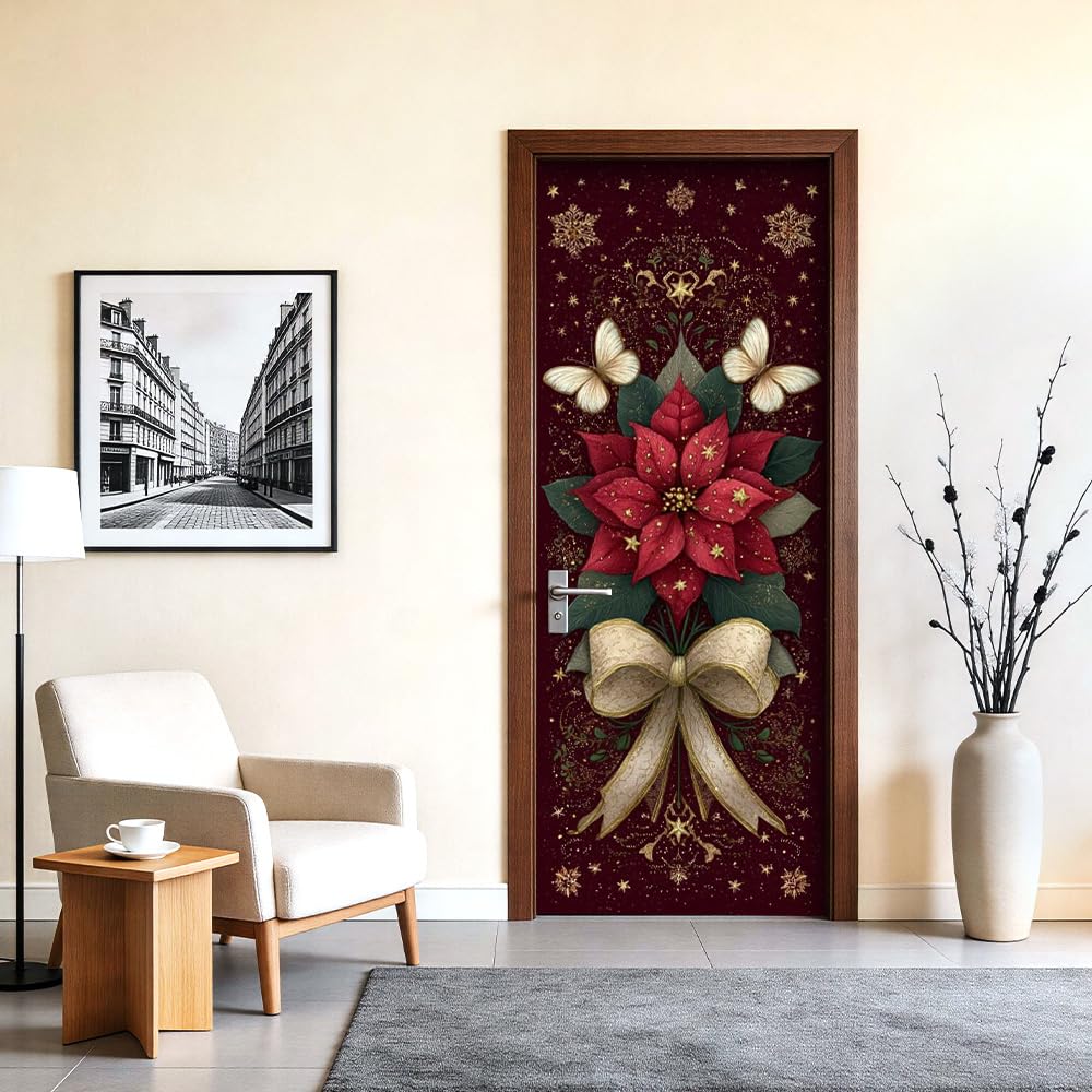 Elegant Poinsettia Door Mural Peel and Stick - Red Floral Holiday Door Covers Decorative with Golden Bow & Stars, Self-Adhesive Sticker for Door, 30.31 x 78.74 Inch
