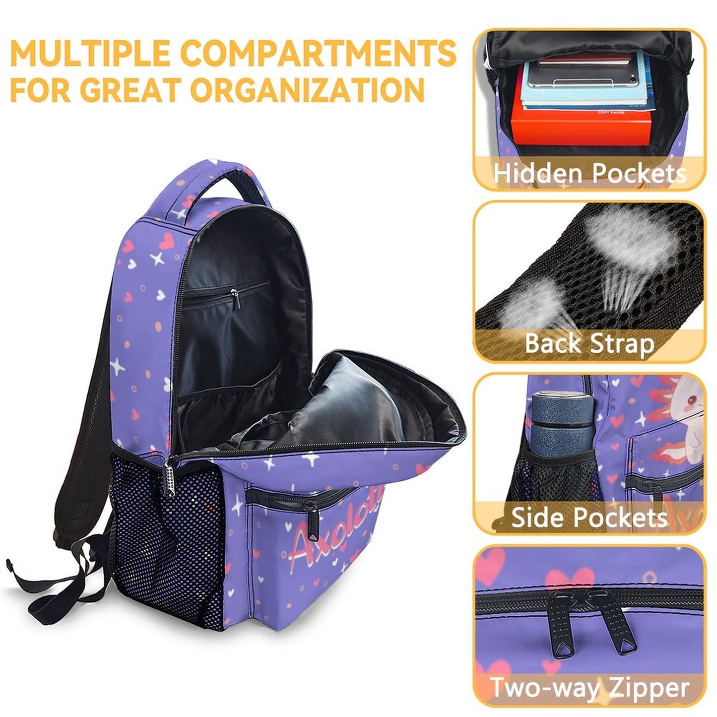 PAKKITOP Girls Backpack with Matching Lunch Box - Axolotl Backpacks with Lunch Bag Pencil Case Combo for Kids - Cute Purple Bookbag and Pencil Case Bundle - Cartoon School Supplies