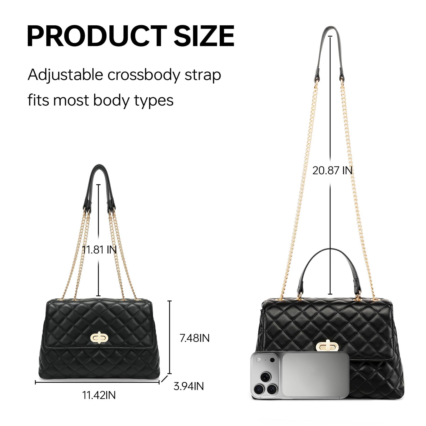 Goinsound Quilted Purse for Women Medium Flap Shoulder Bag with Gold Hardware Chain Black