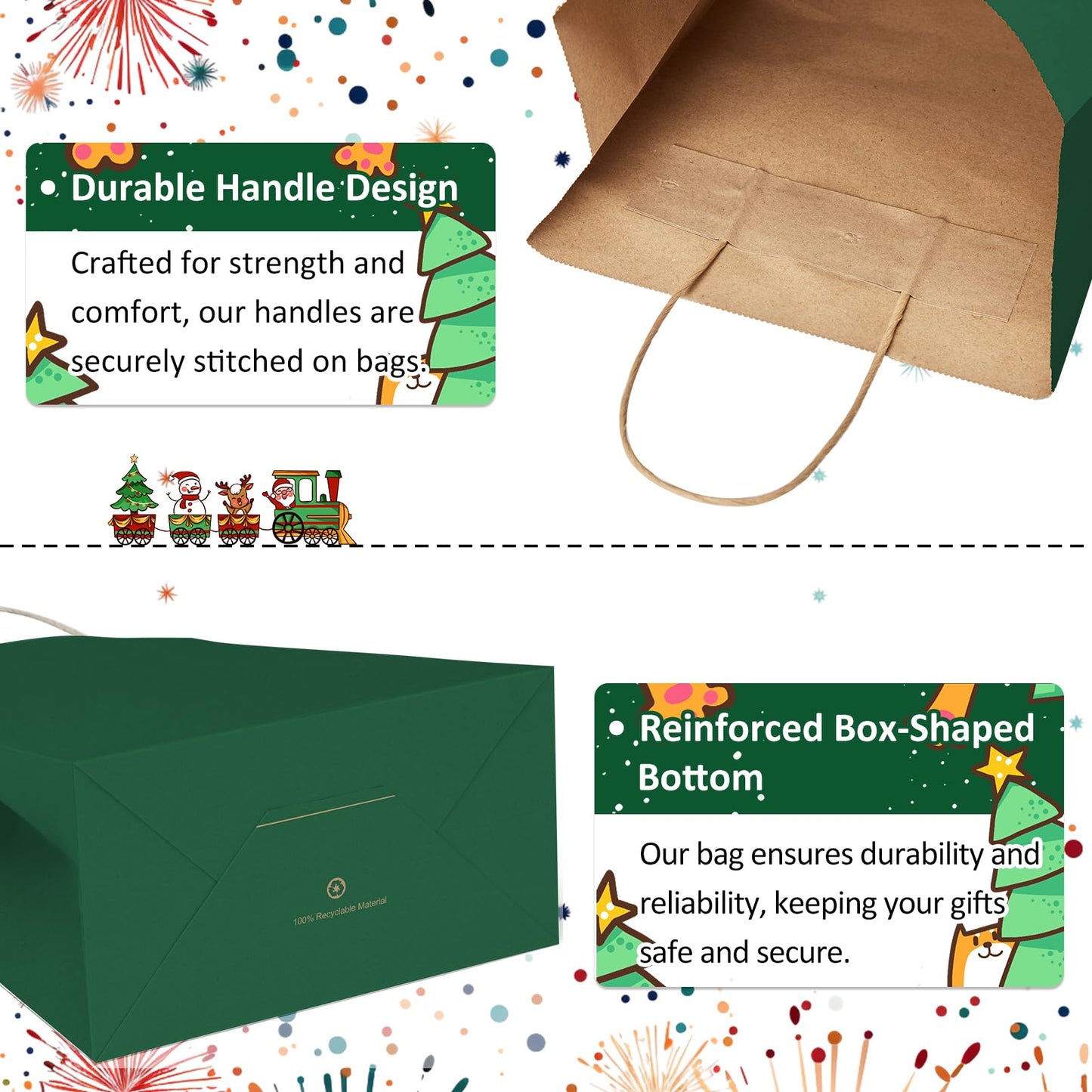 BagDream Forest Green Gift Bags with Handles Bulk 8x4.25x10.5 Inch 100Pcs Medium Kraft Paper Bags for Christmas, Thanksgiving, Craft, Party Favors, Retail, Grocery, Recyclable Paper Sacks