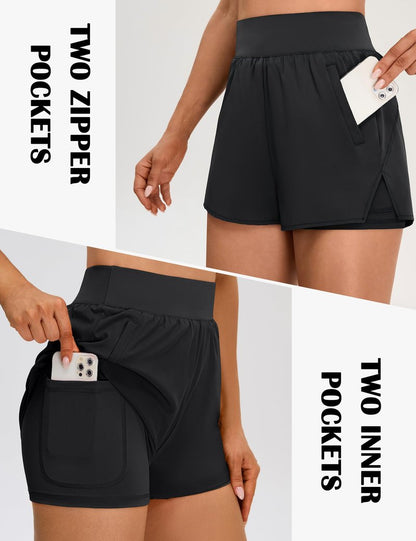 BMJL Womens 2 in 1 Running Shorts with Zip Pockets 3" Quick Dry High Waisted Gym Workout Shorts with Liner