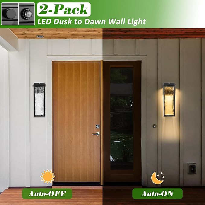 16" Black Dusk to Dawn LED Outdoor Wall Light, Large Exterior Lighting Fixture, Modern Outside Wall Mounted Porch Sconce, Waterproof Patio Lantern Lamp with Sensor, 1 Pack