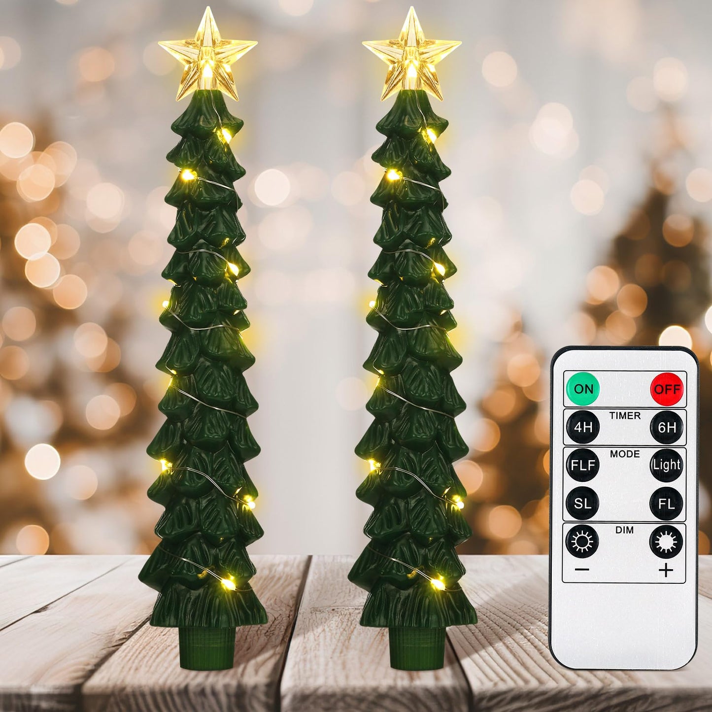 Tujoe 2 Pcs Green Christmas Tree Candles with Remote Flameless Taper Candles Flickering Led Xmas Candlesticks Battery Operated 3D Wick Warm Light for Holiday Winter Table Centerpiece Decorations