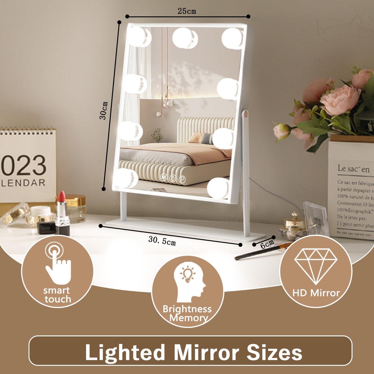 Hansong Vanity Mirror with Lights Lighted Makeup Mirror with 9 LED Bulbs Plug in Light Up Makeup Mirror with Lights 360 Rotation with 10x Magnifying Mirror Tabletop