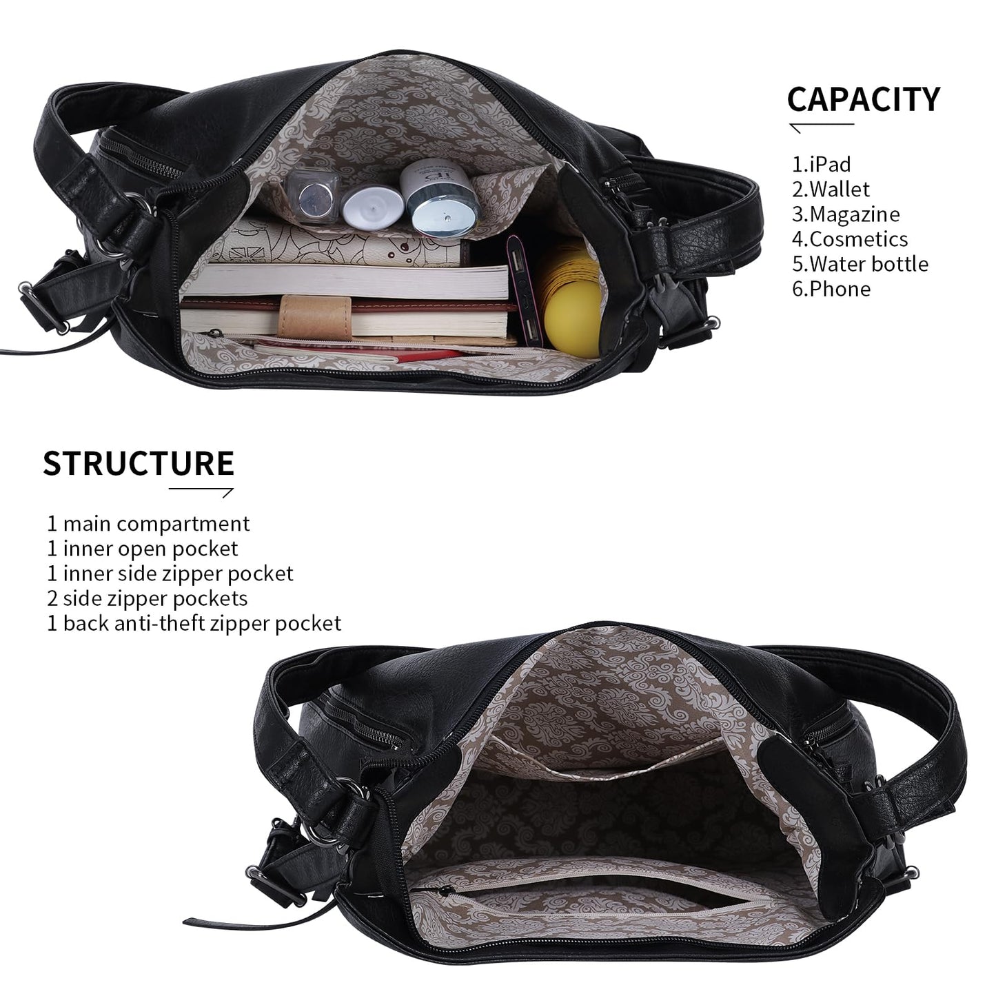 Tote Handbags for Women Convertible Backpack Purses PU Leather Hobo Bags Crossbody Shoulder Bag Satchel Purse Set 3pcs, Black