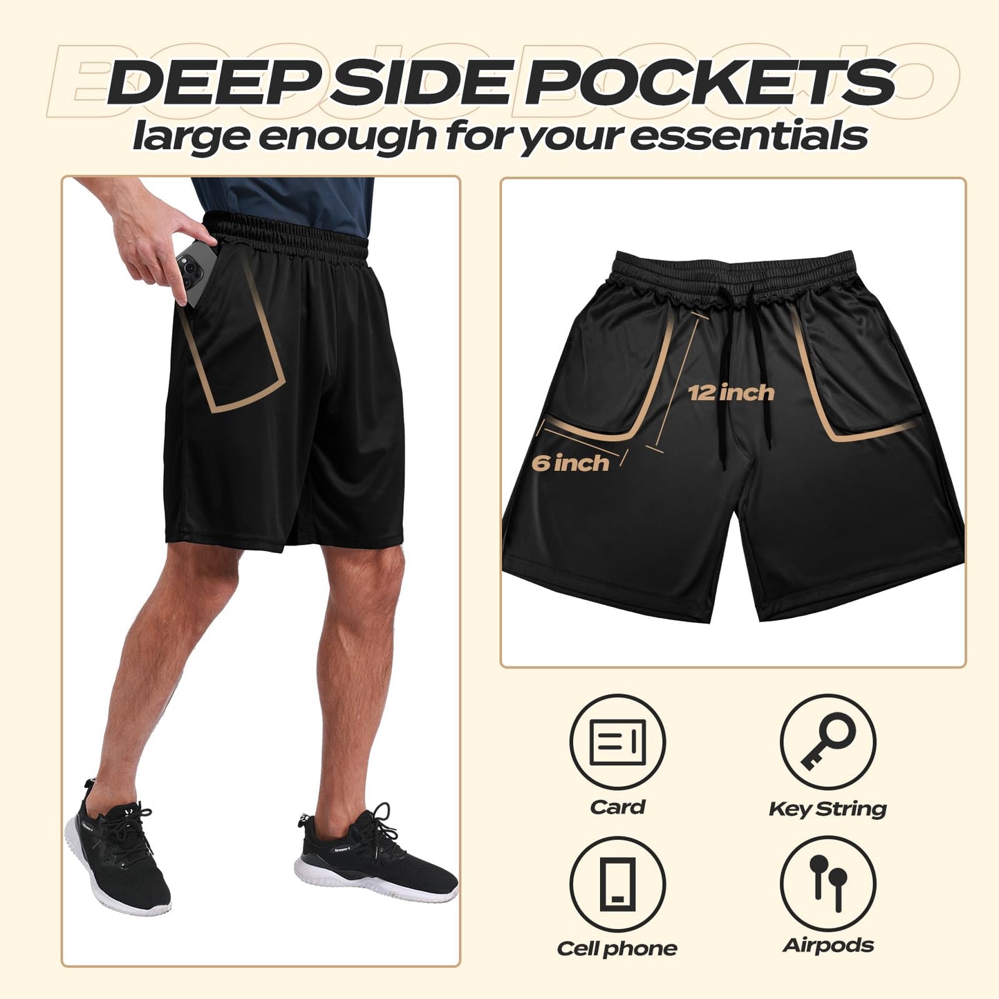 BOOJO 1 Pack Athletic Gym Mens Shorts - Workout Black Quick Dry Basketball Shorts with Pockets for Running Casual Activewear