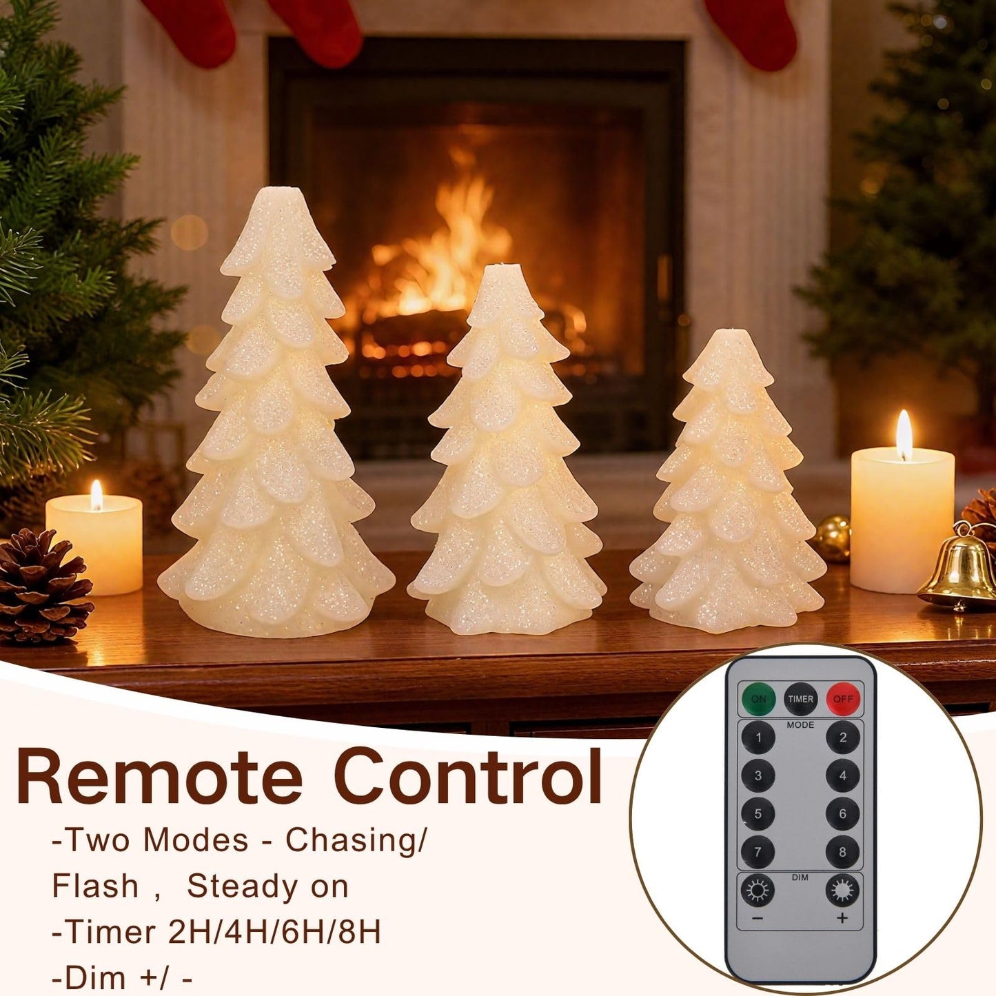 Peninpha 3Pcs Christmas Tree Candles with Remote Timer, Flickering Real Wax LED Flameless Candles Battery Operated for Xmas Winter Décor, White Glittering