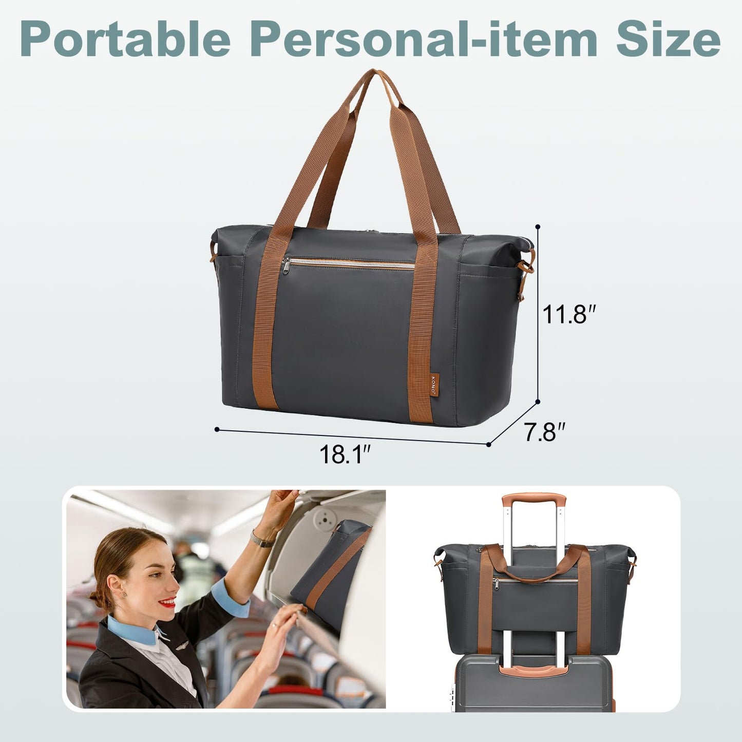 Kono Travel Duffel Bag, Gym Bag for Women with Wet Pocket, Travel Weekender Overnight Carry on Bag with Detachable Shoulder Strap Grey/Brown