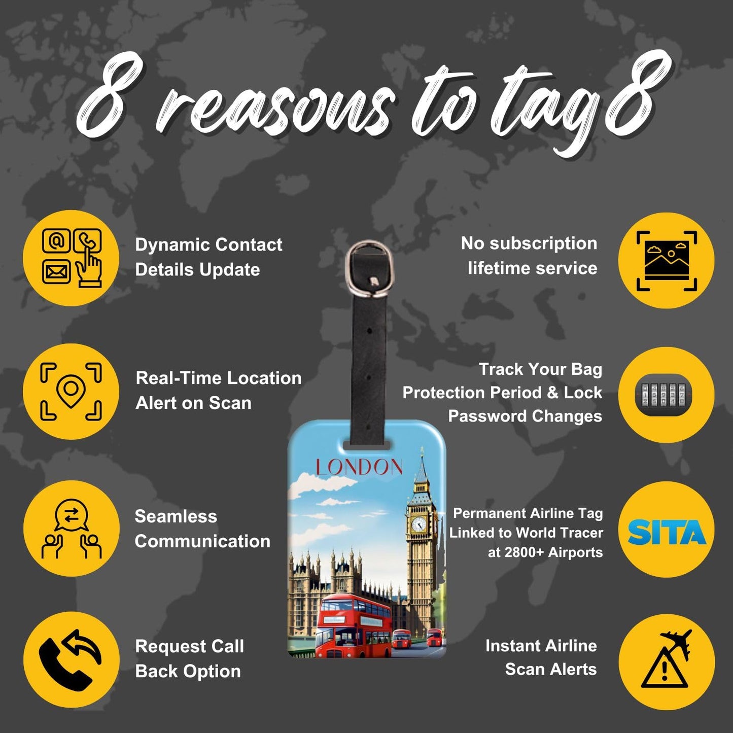 [Pack 2] tag8 London Smart Bag tag |Trendy Luggage tag ID Identification | Suitcase Tag | Fashionable Digital Name tag | Airline Compliant, SITA World Tracer Code Enabled | Travel Gift idea