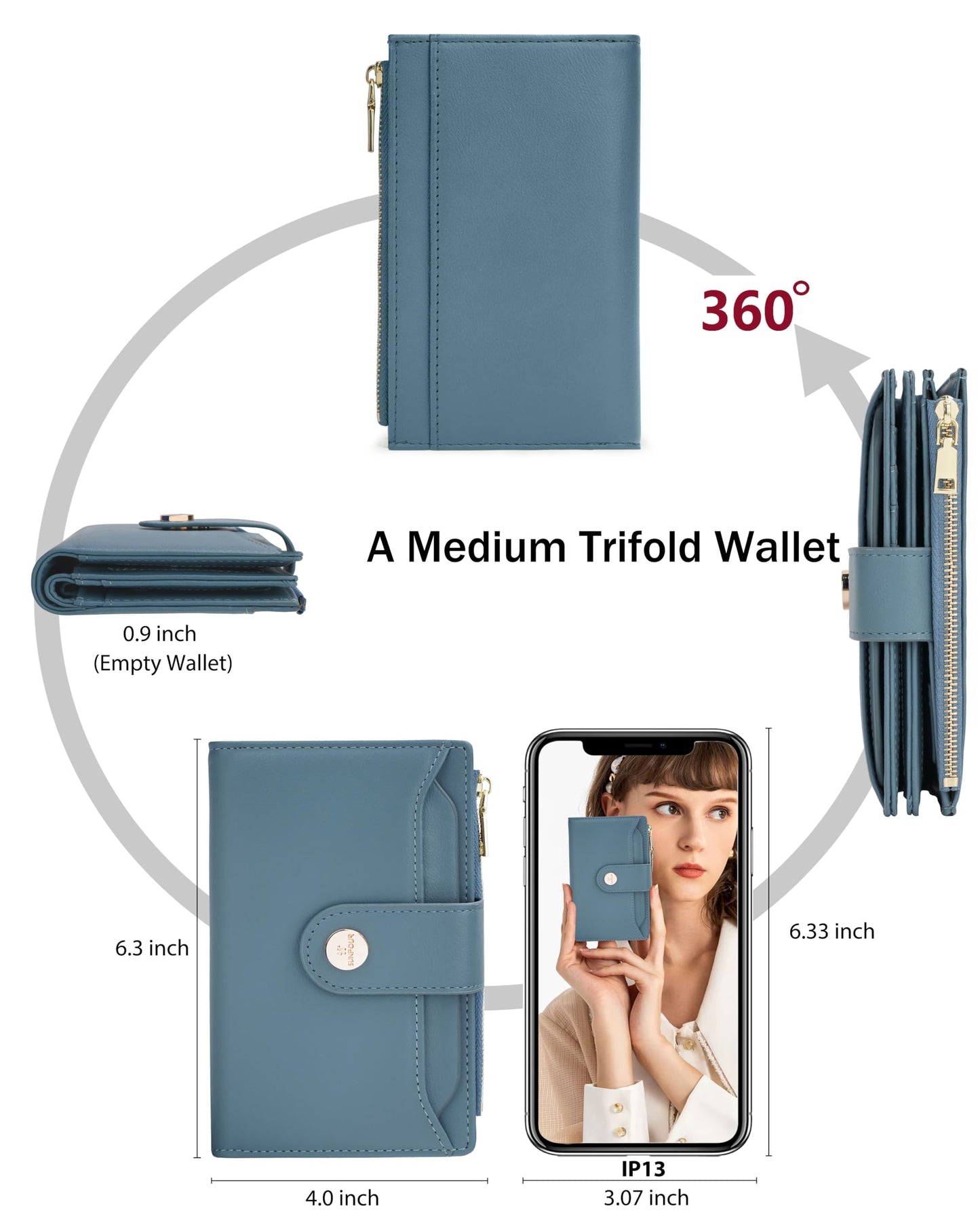 Sunpour Women’s RFID Blocking Leather Trifold Wallet, Large Capacity Credit Card Holder Wallet for Women, Travel Wallet(Blue)