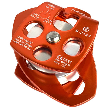 ProClimb 30kN Aluminum Rope Pulley with Swing Plate - CE/UIAA Certified, Double Sheave (Orange) - 5/8" Rope
