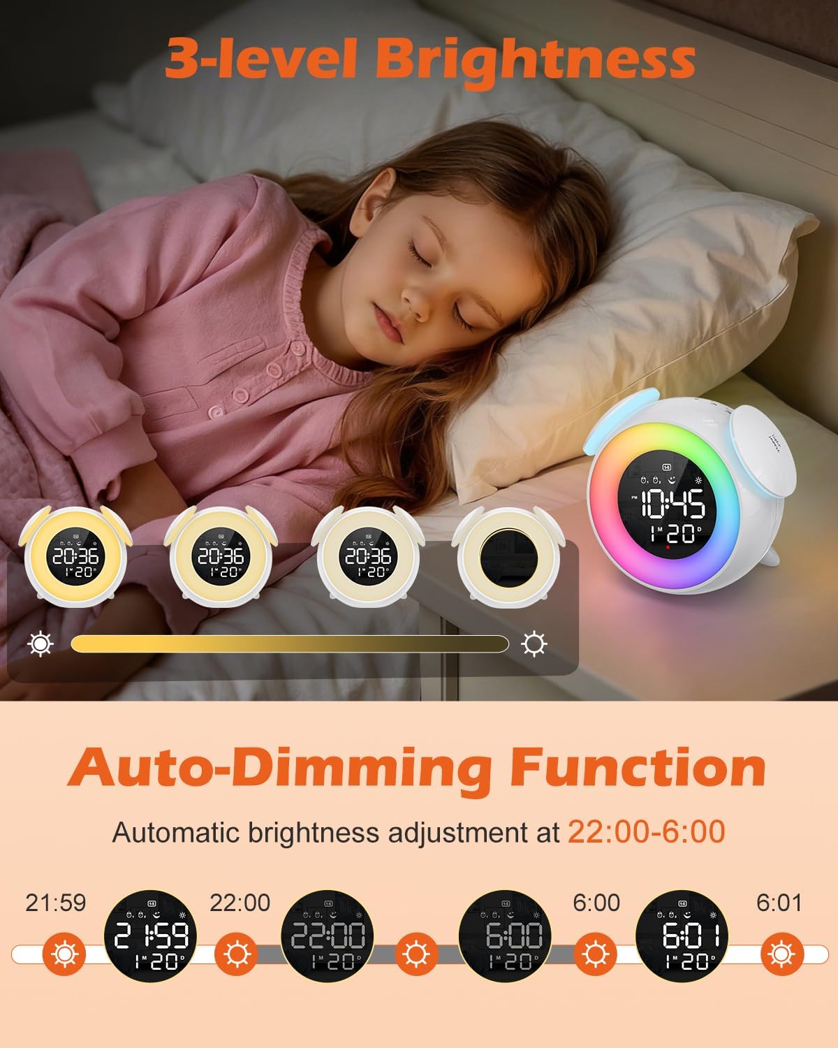 PENTASPI Alarm Clock for Kids, Ok to Wake Alarm Clock, Toddler Sleep Training Clock with Multi-Colors Night Light, 7 Ringtones, 3 Level Volumes, Dual Alarms, Snooze for Kids Girls Boys Adult