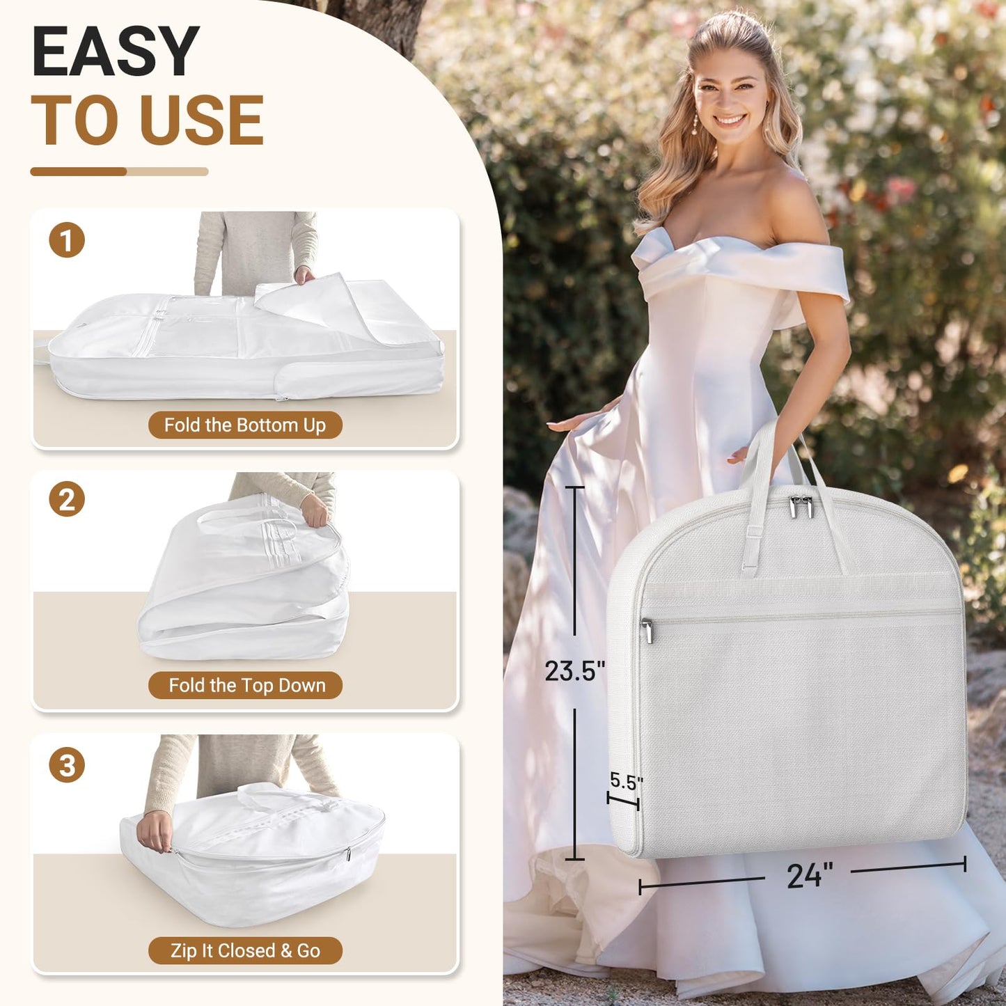 MISSLO 2-in-1 Wedding Dress Garment Bag with 5 Bride Accessories Pockets 70" Dress Bags for Gowns Long with Adjustable Handles Trifold Dresses Cover for Travel and Closet Storage, White
