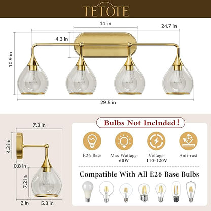 TETOTE 4-Light Modern Bathroom Light Fixtures, 4 Light Vanity Lights Over Mirror Gold Wall Lamp with Clear Glass for Bathroom, Mirror, Living Room, Bedroom, Hallway