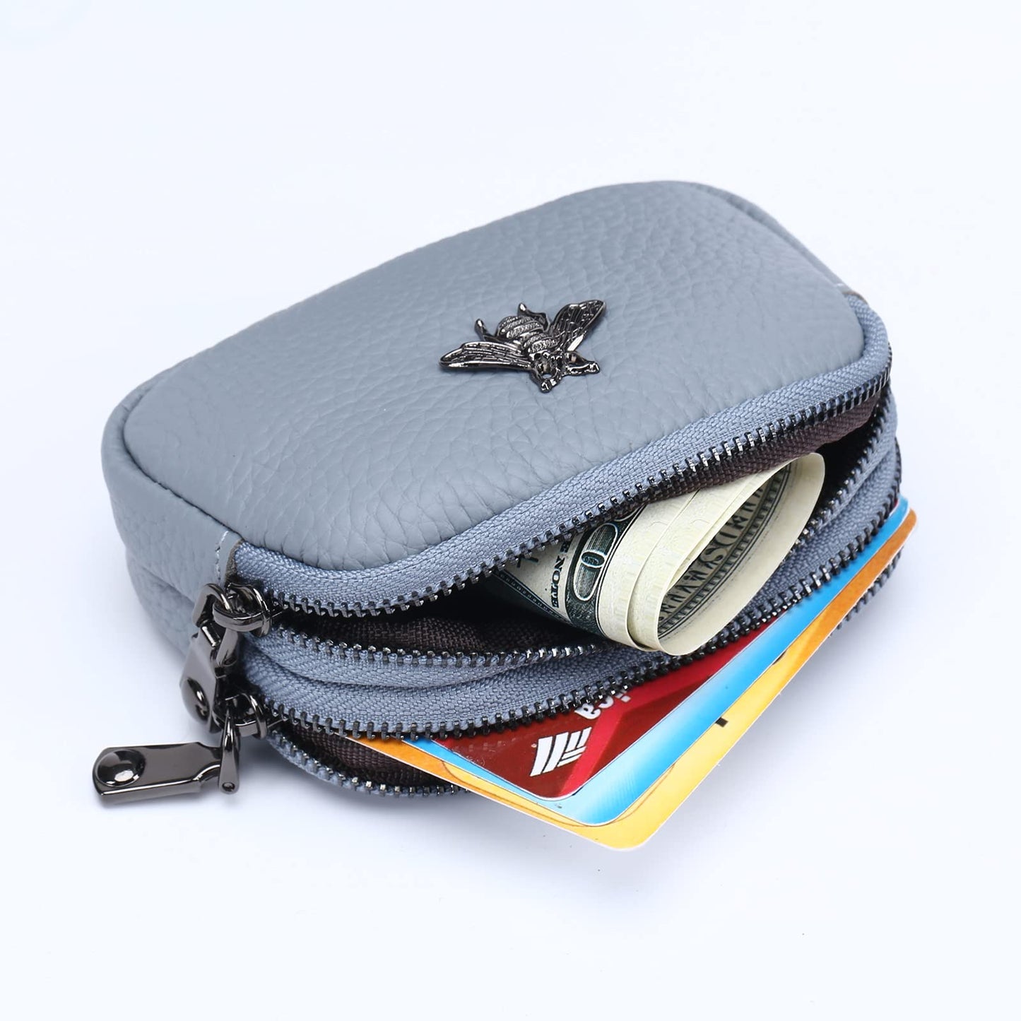 Yocipa Genuine Leather Coin Purse for Women Small Double Zipper Wallet Mini Change Pouch with Bee Charm for Cash Cards Keys Cute Compact Organizer (Light Blue)