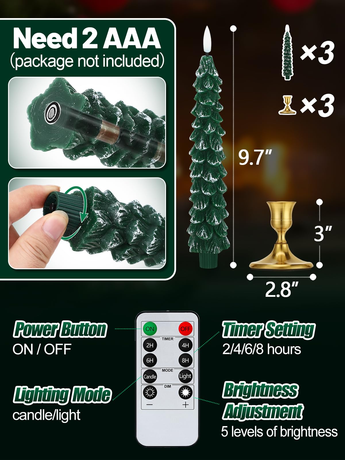 Beeplove 3 Pack Christmas Tree Candles with Remote- Real Wax Flameless Taper Candles, 9.7in Green Candlesticks Battery Operated for Home Table Metal Xmas Holiday Indoor Decorations Gifts