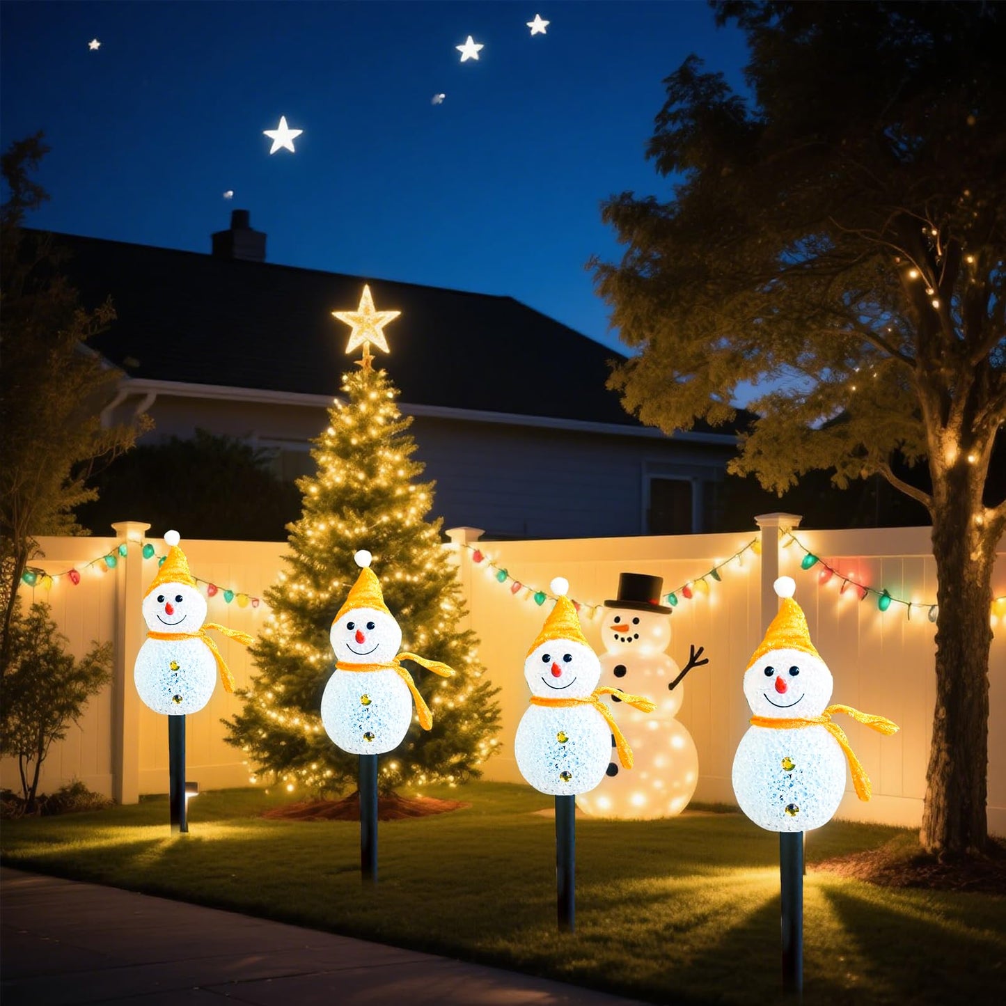Taoushuleng Led Christmas Yellow Snowman Pathway Lights, Solar Powered Light with 4 Stakes 8 Lighting Modes for Yard Garden Decor (Yellow Snowman)