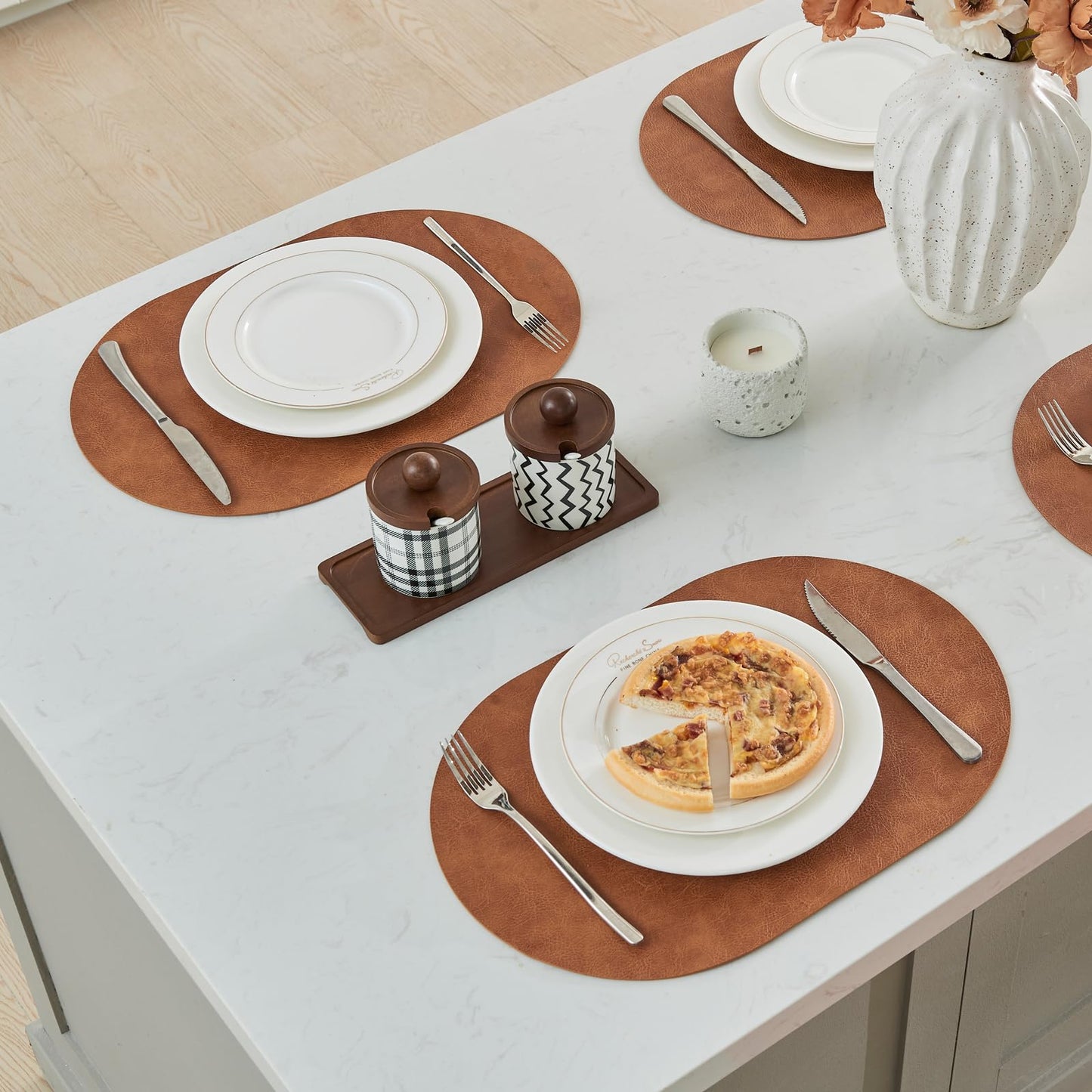 YLUSUJAKX Faux Leather Placemats Set of 8, Heat Resistant Oval Placemats 12" x 18", Waterproof Non-Slip Dining Table Mats for Kitchen Farmhouse Modern Home Decor