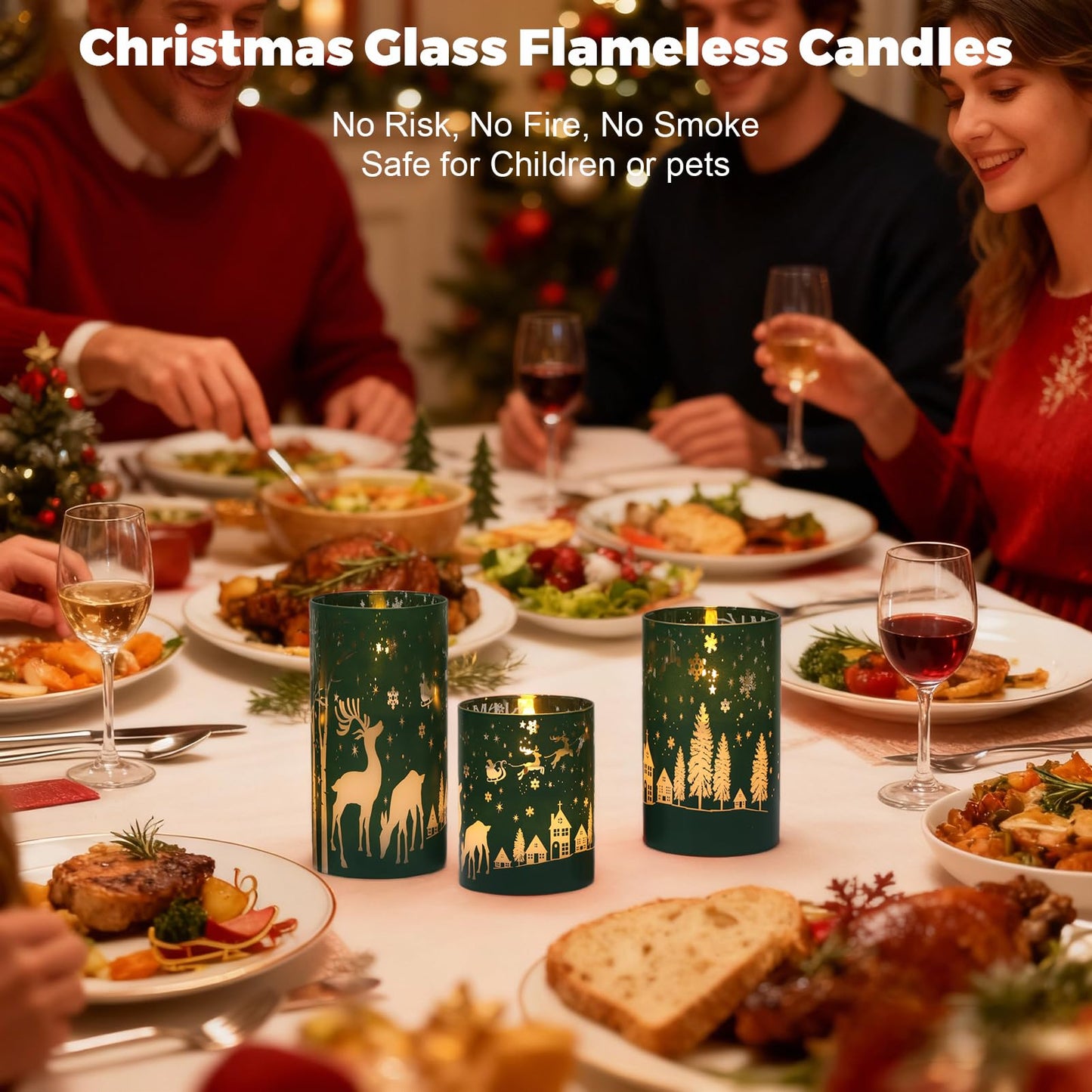 Wondise Christmas Reindeer LED Flameless Candles with Remote Timer, Electroplate Glass Battery Operated Real Wax Flickering 3D Wick Pillar Candles for Christmas Holiday Home Decoration