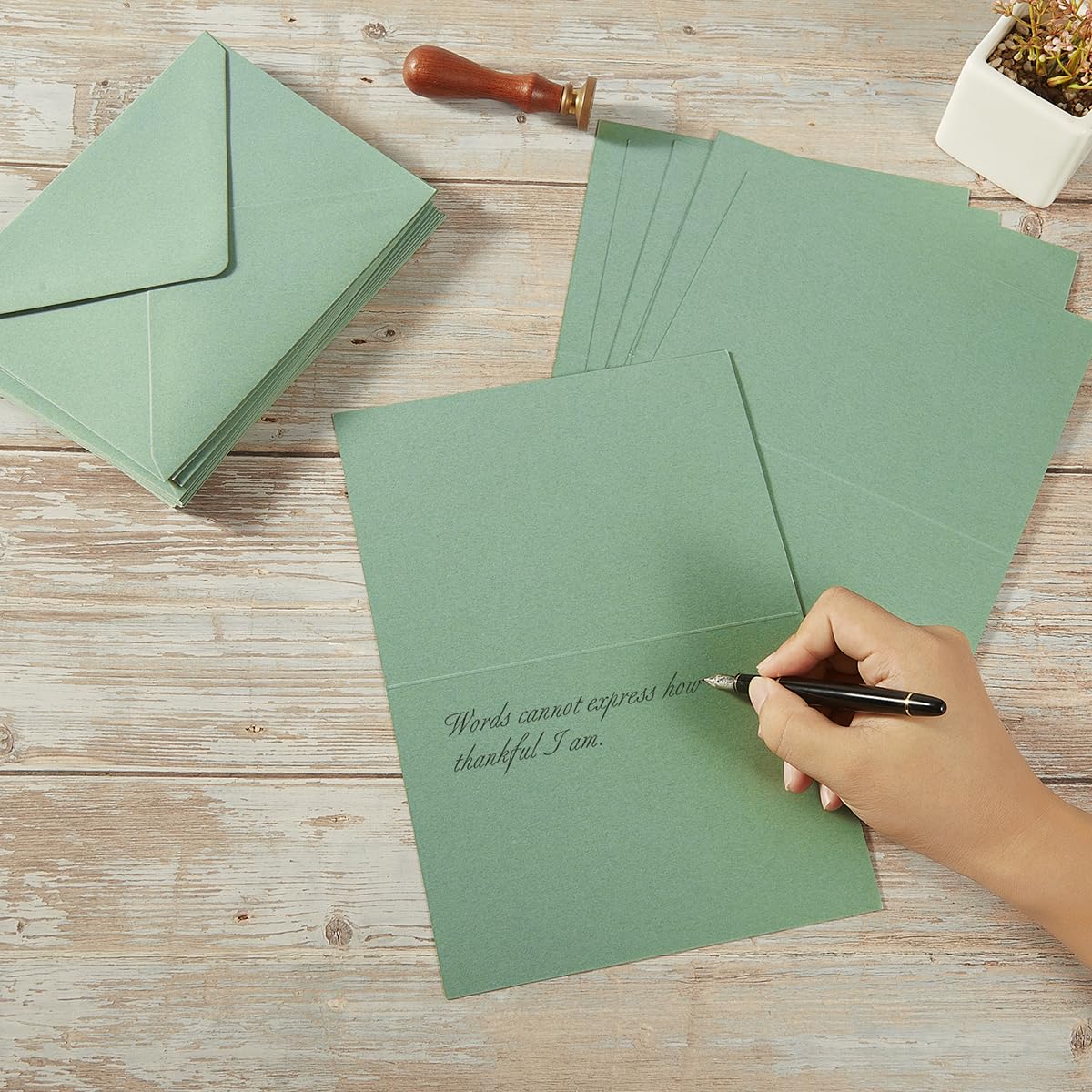 50 Pack Sage-Green A6 Envelopes with Cards 4x6 Thick Folded Cardstock and Gold Stickers for Greeting Cards, Wedding, Birthday, Invitations, Baby Showers (Sage-Green, 4x6)