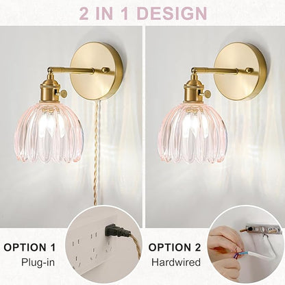 Plug in Wall Sconces Set of 2, Vintage Wall Sconce Light with Tulip Pink Glass Lampshade, 180° Adjustable Wall Sconce with Switch and Plug in wall lamp Cord, Gold Wall Light Wall Decor Set of 2