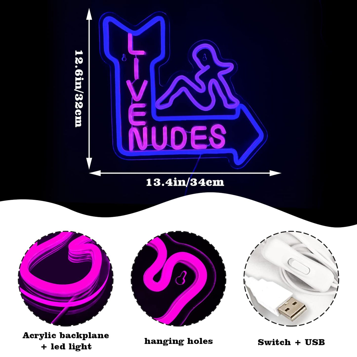 LooKLight Live Nudes Neon Sign - USB Powered, Purple, Wall Decor for Room, Man Cave, Bar