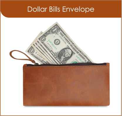 TheAntiq Leather Pencil Pouch, Currency Pouch, Leather Pencil Case, Zippered Pouch Paper Money, Pen Case, Pen and Marker Case, Pencil Case For Artists & Professionals (Tan)