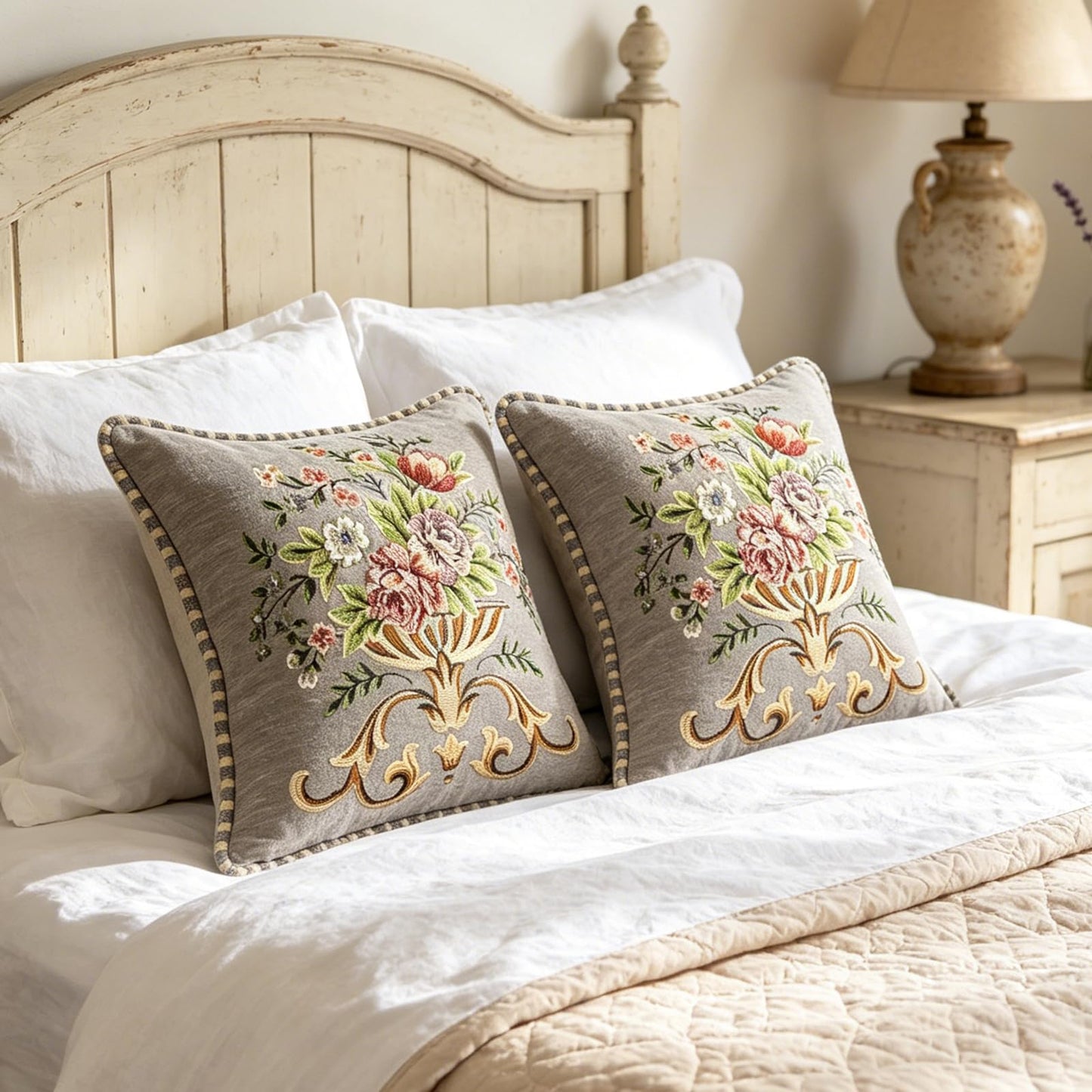 Qupace 2 Pcs Gray Chenille Vintage Embroidered Throw Pillow Covers 18x18in,Grey Tassel Vintage Pattern Pillow Covers, Floral Embroidered Cushions Covers for Sofa Couch Bed Chairs Car