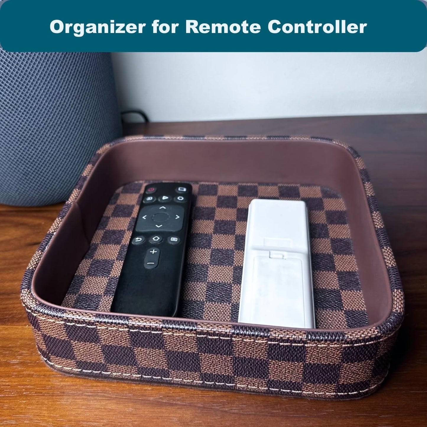 NAKOR HOME Leather Valet Tray for Men (Solid Wood Inside), Key Trays Bowl for Entryway Table, EDC Catch All Dish, Organizer Decorative Tray for Cologne Jewelry Perfume Watch Wallet- Brown Checkered PU