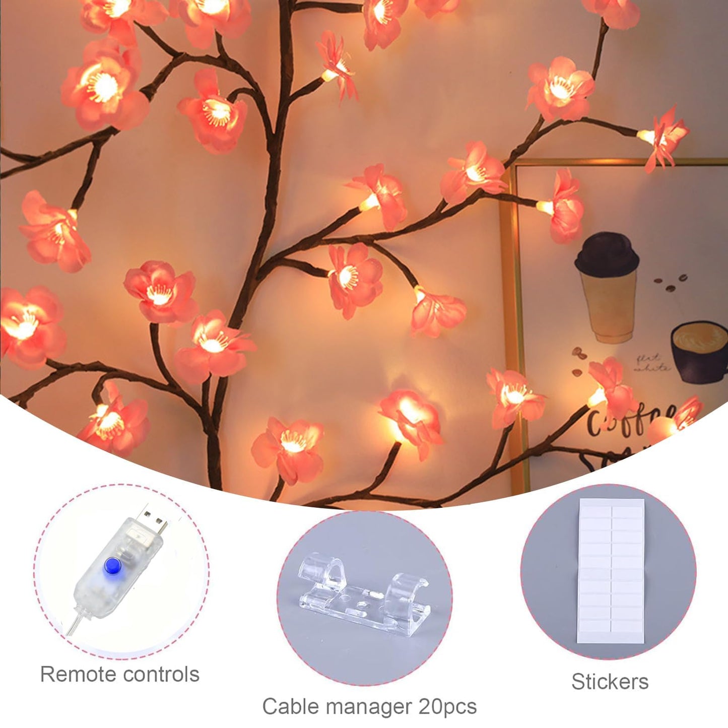 Cherry Tree Branch Lights USB Powered Blossom Branch Decoration Night Lights for Wall,Cherry Enchanted Willow Vine Lights for Bedroom Wall Doors Windows Wedding Christmas Holiday (63 inch (72 Lamps))