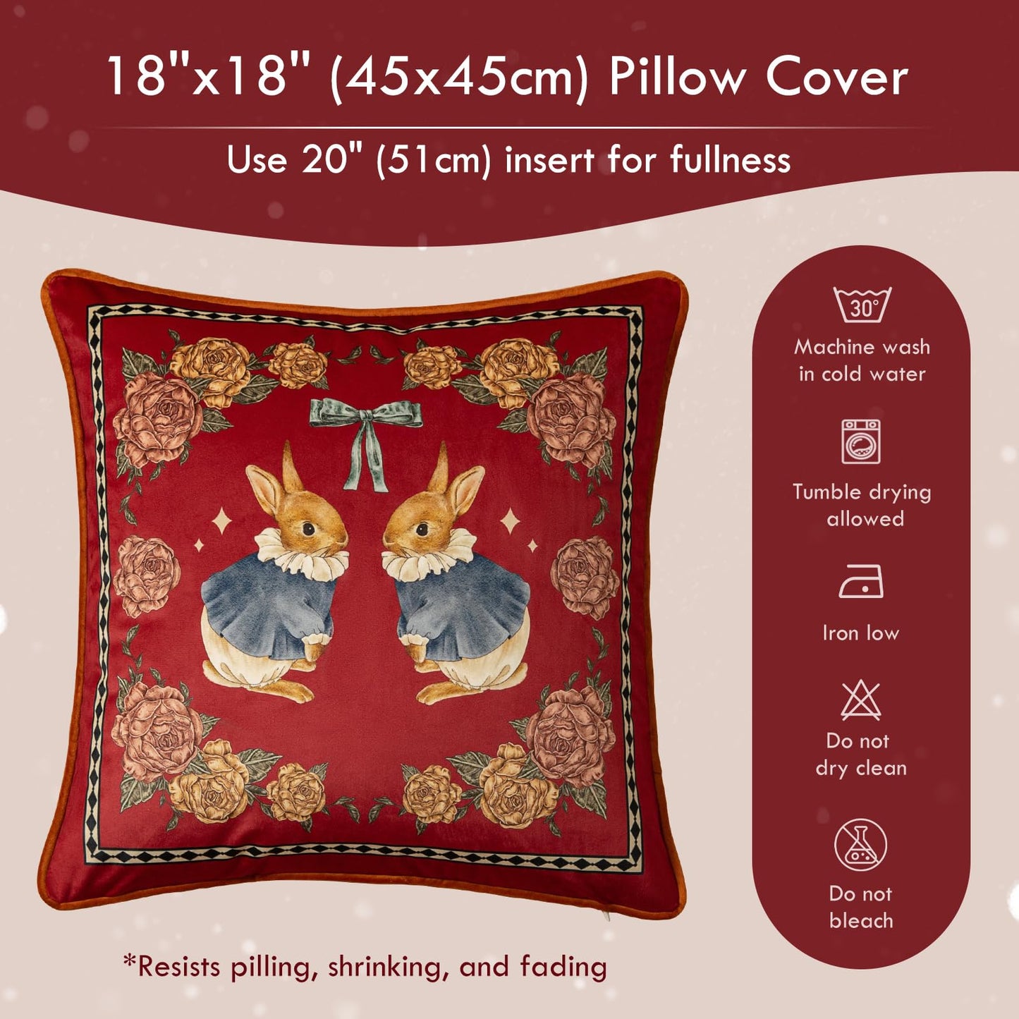 Livebee Bunny Floral Red Pillow Cover Decorations, Velvet Euro Sham Covers Decorative Throw Pillow Covers 18x18 for Couch Sofa Bed Home Decor