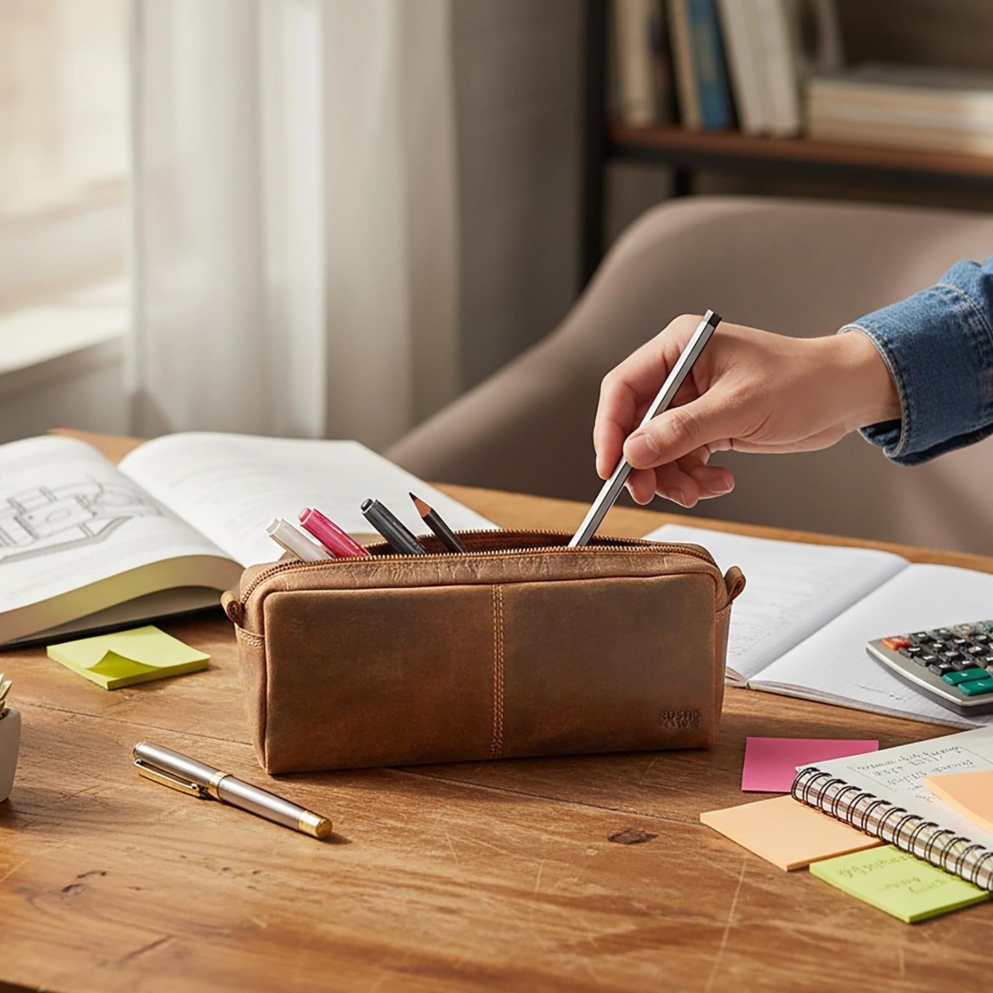 RUSTIC TOWN Leather Pencil Case for Men & Women – Full Grain Leather Pen Pouch with Zipper, Handcrafted Pencil Pouch Organizer for Office, School & Travel