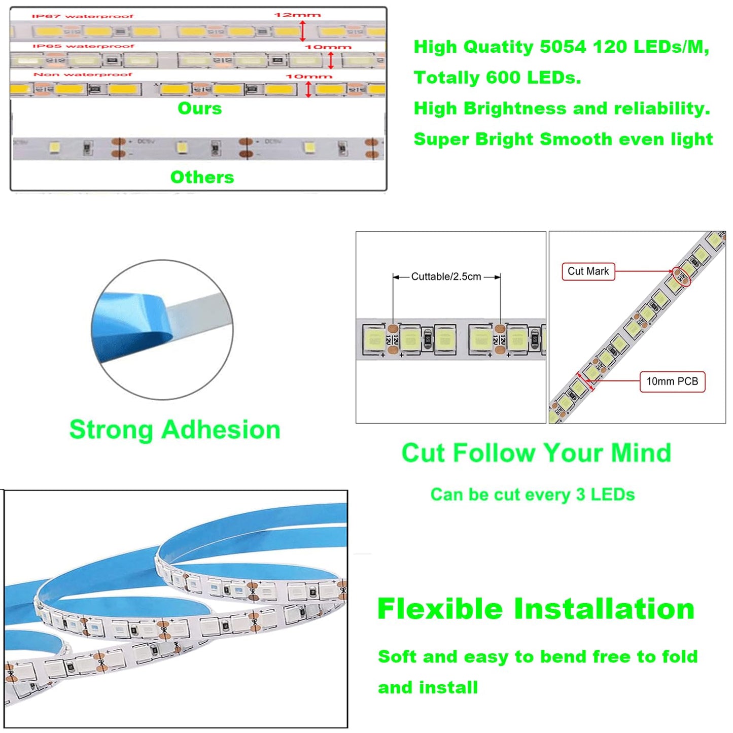 HAASHADA LED Lights Strips, Super Bright DC12V 5m/16.4ft 15000LM SMD5054 (5050 Upgraded) 600 LEDs Strip Lights, Dimmable Flexible LED Ribbon Tape Strips, Non-Waterproof Daylight White 6500K