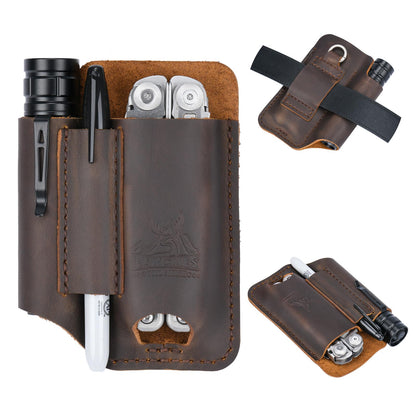 FLYHOMES Genuine Leather Multitool Sheath | Handmade Stitched EDC Belt Organizer for Leatherman Surge & Wave+ | Multi Tool Holster & Pen | Tools Pouch (Dark Brown)