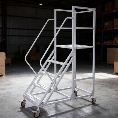 4-Step Rolling Warehouse Step Ladder, Lockable Wheels, Non-Slip Wide Steps, Dual Handrails, Movable Platform Ladder, Rolling Stairs for Warehouse, Supermarket, Library (White, 4 Steps)