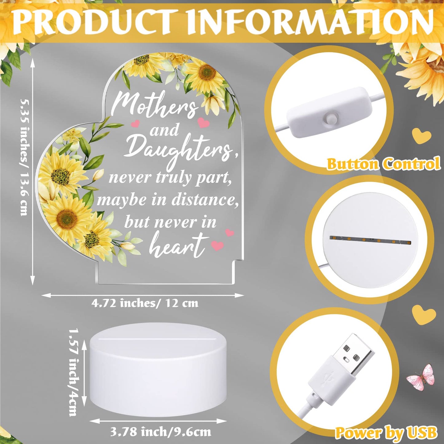 Jetec Mothers Day Birthday Gifts from Daughter Son Christmas Thank You Gift for Mom Sunflower Engraved Acrylic Heart Lamps USB Low Power Night Light Table Decor(Mothers and Daughters)