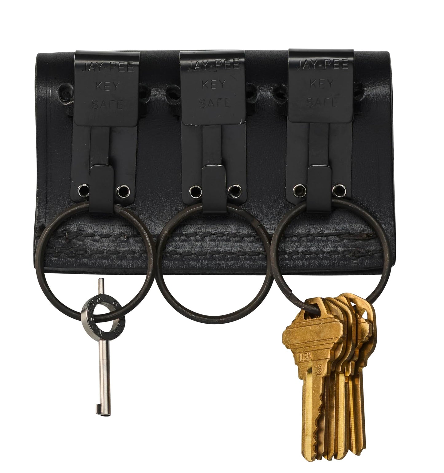 Jay-Pee Black Leather Duty Belt Key Holder, Officer Accessory, Law Enforcement Ring Carrier, Tactical Belt Loop Keychain for Security with 3 Black Detachable Key Ring Safety Hook for up to 2.25" Belts