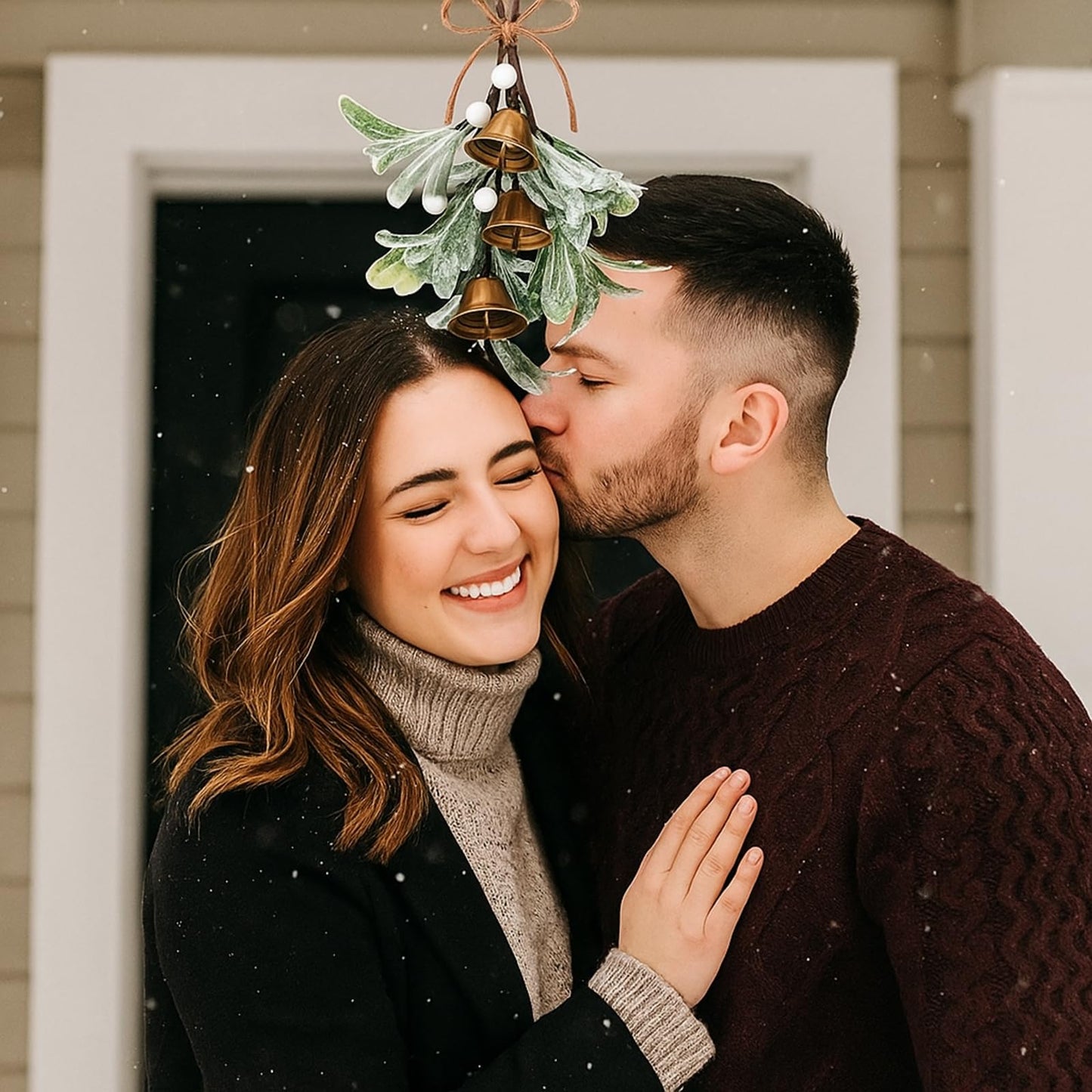 Tigeen Christmas Mistletoe Kiss Decor with Metal Bells and Bow Knots 8.6 Inch Artificial Christmas Mistletoe Hanging Ornaments for Xmas Party Tree Doors Walls Window Fireplaces Decorations(White)