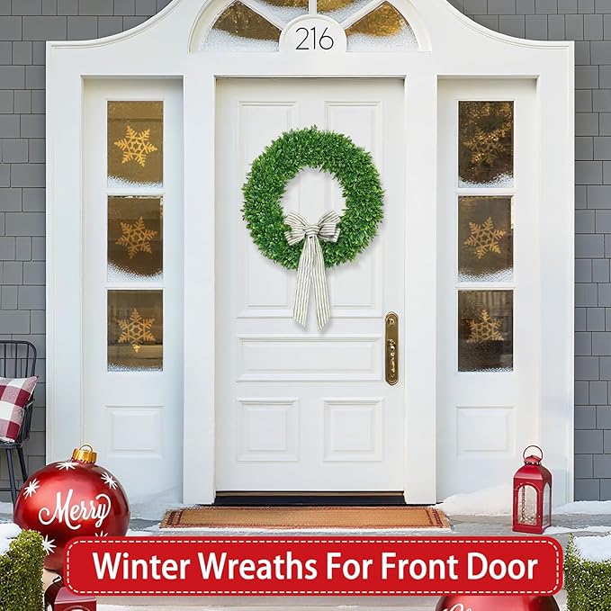 22 Inch Christmas Wreath Boxwood Wreath Realistic with Welcome Sign Faux Green Preserved Boxwood Wreaths Outdoor Spring Fall Winter Wreaths for Front Door Outside for Porch Farmhouse Wall Home Decor