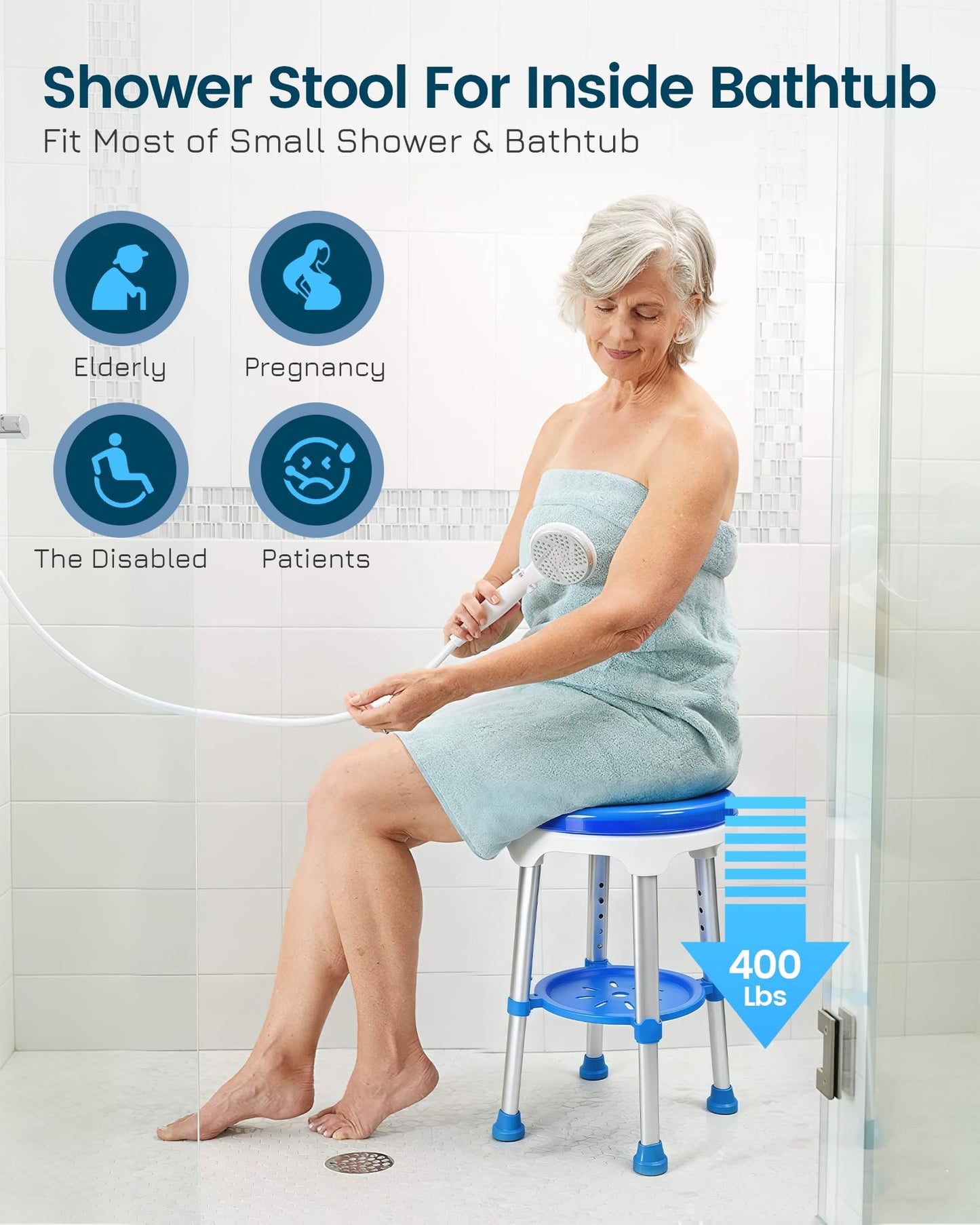 HOMDABO Swivel Shower Stool for Inside Shower - Height Adjustable Shower Seat for Elderly and Disabled - 400 lbs Heavy Duty Shower Chairs for Seniors, HDB-797E