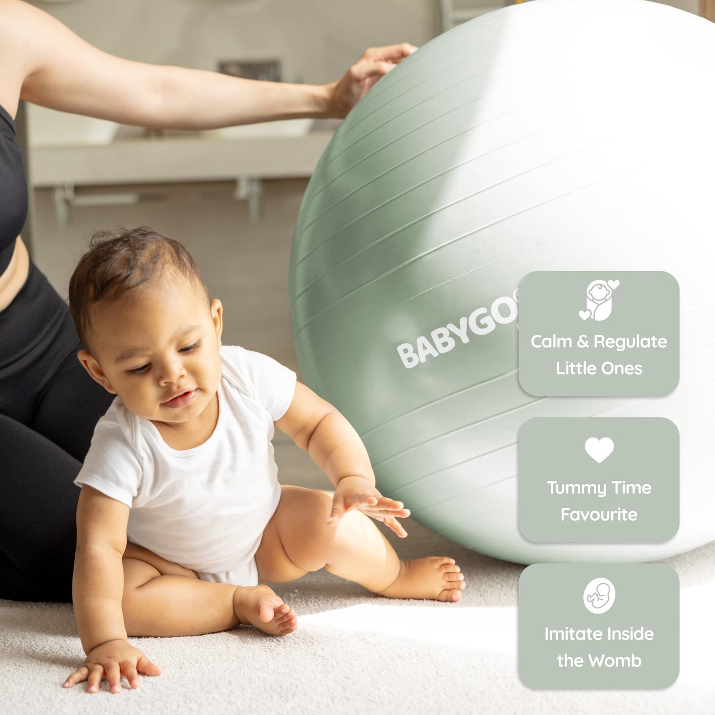 BABYGO Birthing Ball - Pregnancy Yoga Labor & Exercise Ball & Book Set Trimester Targeting, Maternity Physio, Birth & Recovery Plan Included Anti Burst Eco Friendly (Sage, 75cm - Electric)
