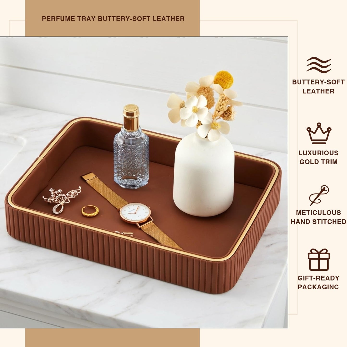 Fiwochic PU Leather Valet Tray 11 x 8 x 1.75 Inch Desktop Storage Organizer Catchall Bedside Table Tray Nightstand Caddy Holder for Men Women Gift for Key Bowl Wallet Phone Coin Vanity Perfume