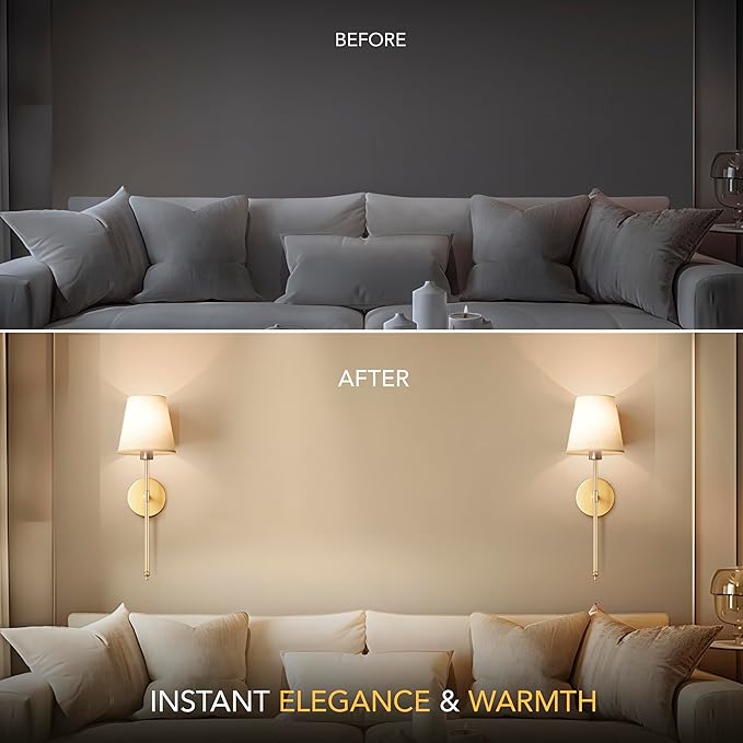 Set of 2 Wireless Wall Sconces – Stick-On or Screw Mount - Rechargeable LED Bulbs, Remote Controlled, Adjustable Brightness & Warmth, Easy Installation, Living Room Wall Decor (Gold)