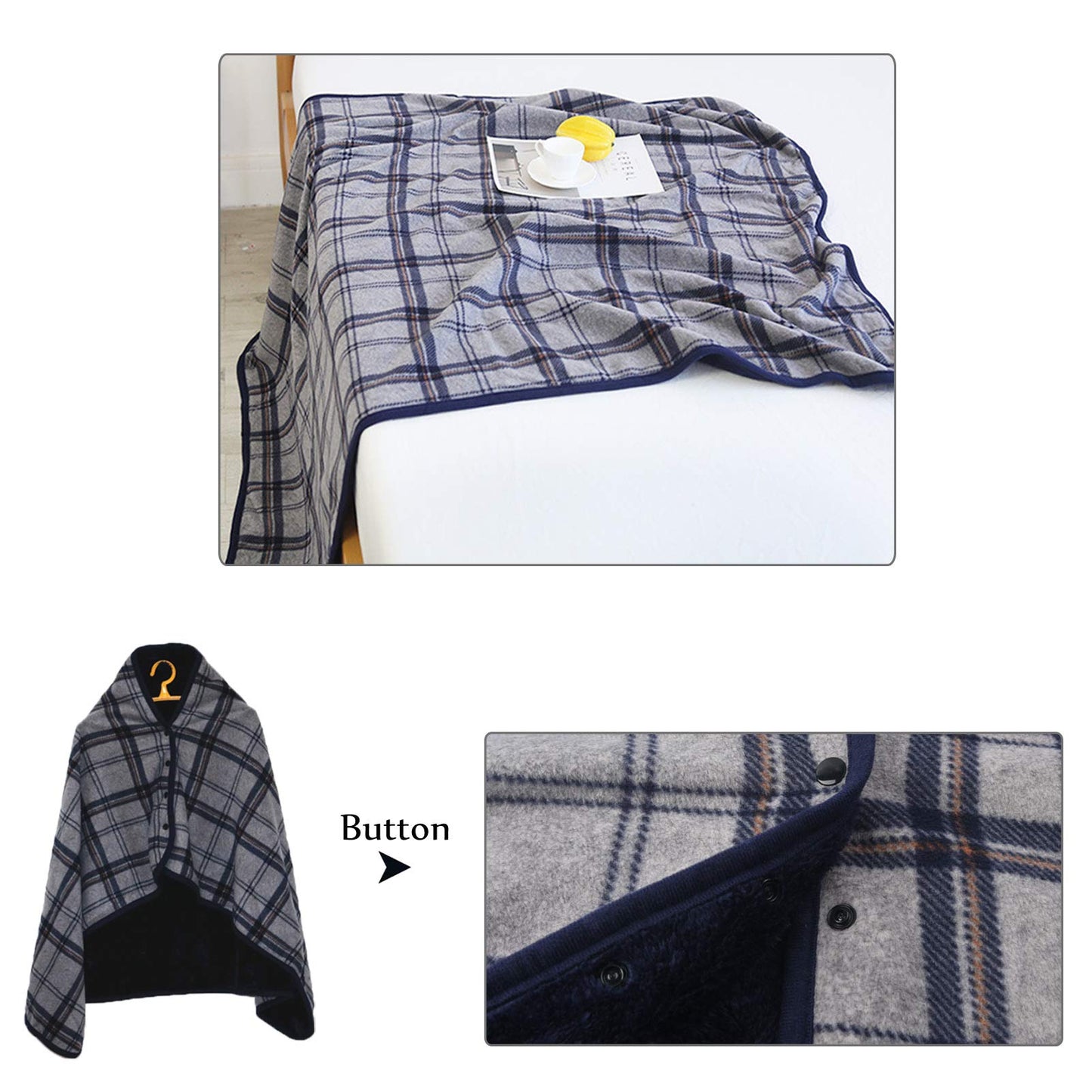 forestfish Fleece Wearable Blanket, Plaid Lap Blanket Comfy Poncho Throw with Buttons for Bed Sofa Office, Navy-Gray
