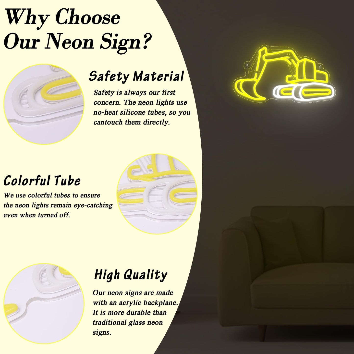 Excavator Neon Signs for Wall Decor, Digger Neon Lights for Bedroom, Neon Wall Light Suitable for Living Office Game Room Christmas Excavator Toy Gift - 5V USB Power with Hanging Chain Hooks