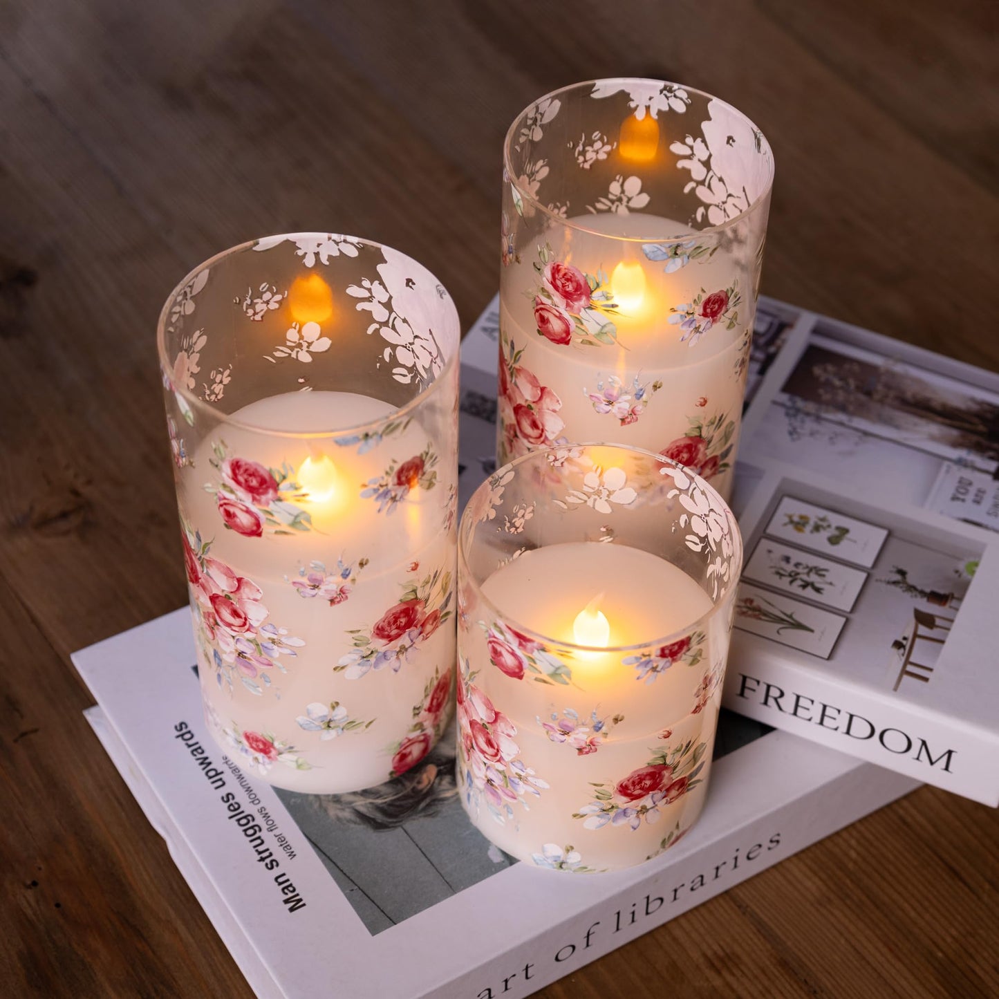 AFINETH Rose Flameless Candles Set of 3 – Glass Battery Operated Candles with Remote, Flickering Floral Flameless Candle for Wedding, Home, Party Gift