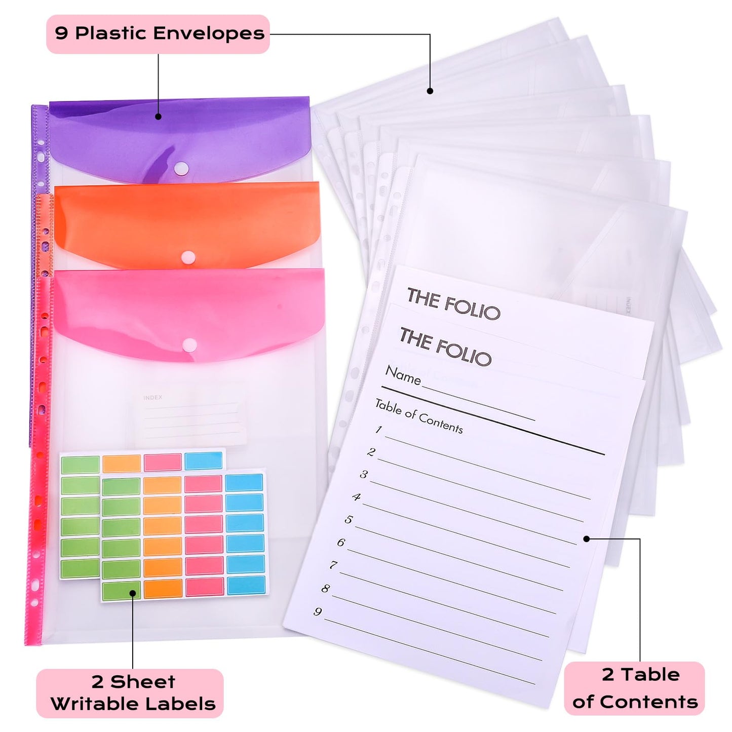 XKDOUS Important Document Organizer Folio Folders with 9 Pockets 3 Ring Linen Binder Organizer Expanding Storage Documents Holder with 9 Pockets and Labels for Papers, Files