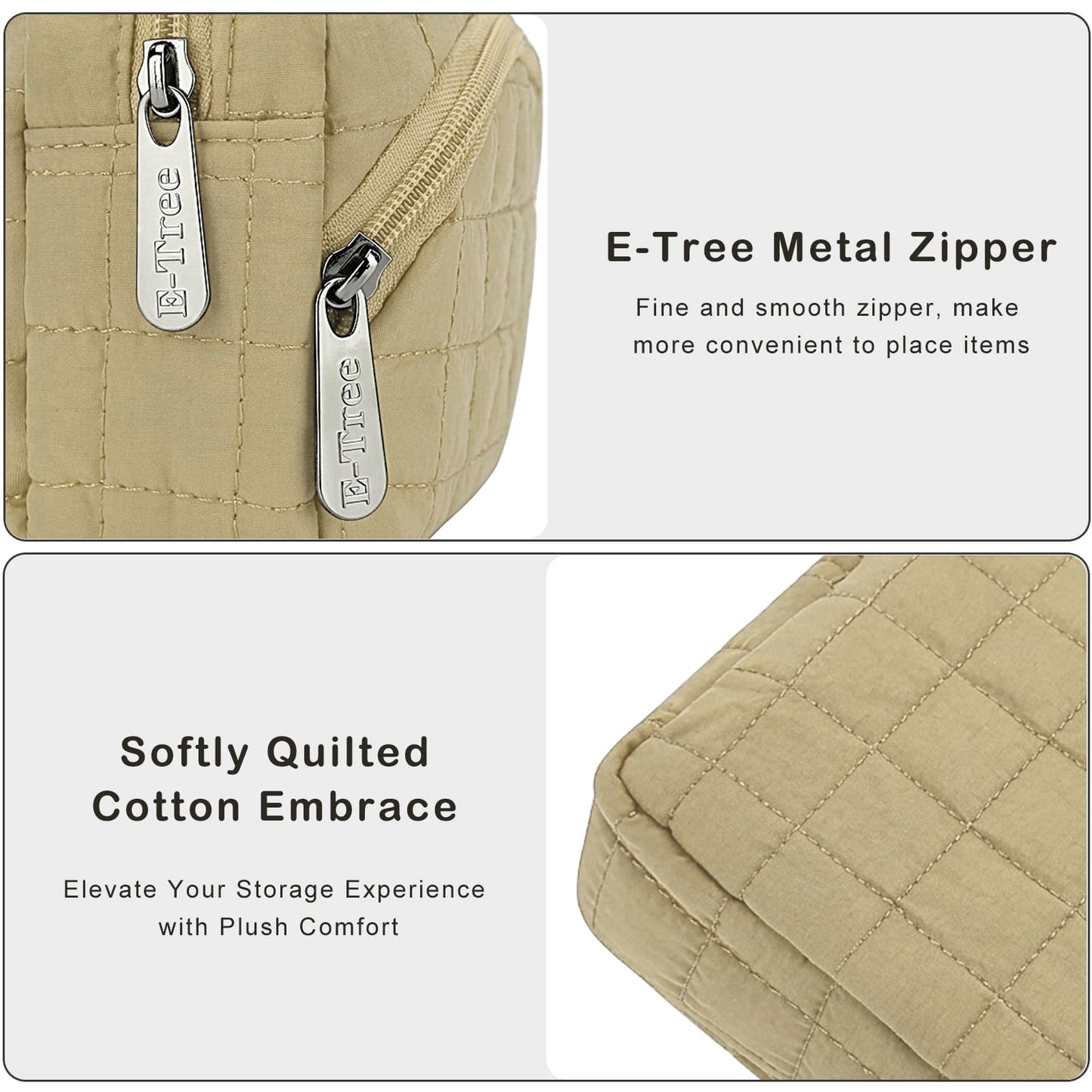 E-Tree Makeup Bag, Quilted Cosmetic Bag for Women, Puffer Make up Pouch for Purse,Travel Toiletry Organizer Case (Khaki)