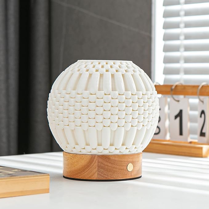 Touch Bedside Table Lamp - 3D Printed Modern Ceramic Lamp for Bedroom, Living Room, Nightstand, Desk, with Wooden Base, 3-Color Dimmable Modes, USB-C Powered (PSL25059)