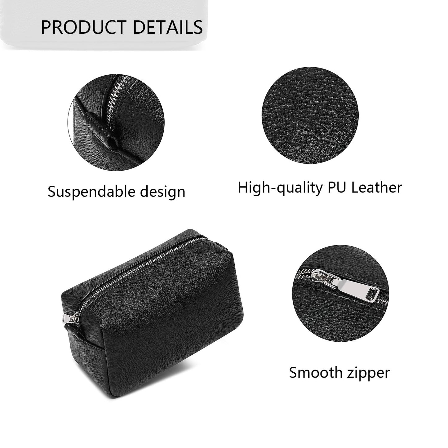 YONBEN PU leather Organizer Bag Lightweight Cosmetic Bag with Ring Clasp Perfect Travel Makeup Bag for Women (Black/PU)